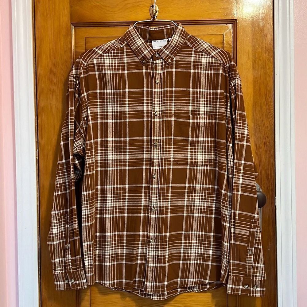 ASOS Design Brown White Plaid Cotton Long Sleeve Button Down Shirt Men’s Medium